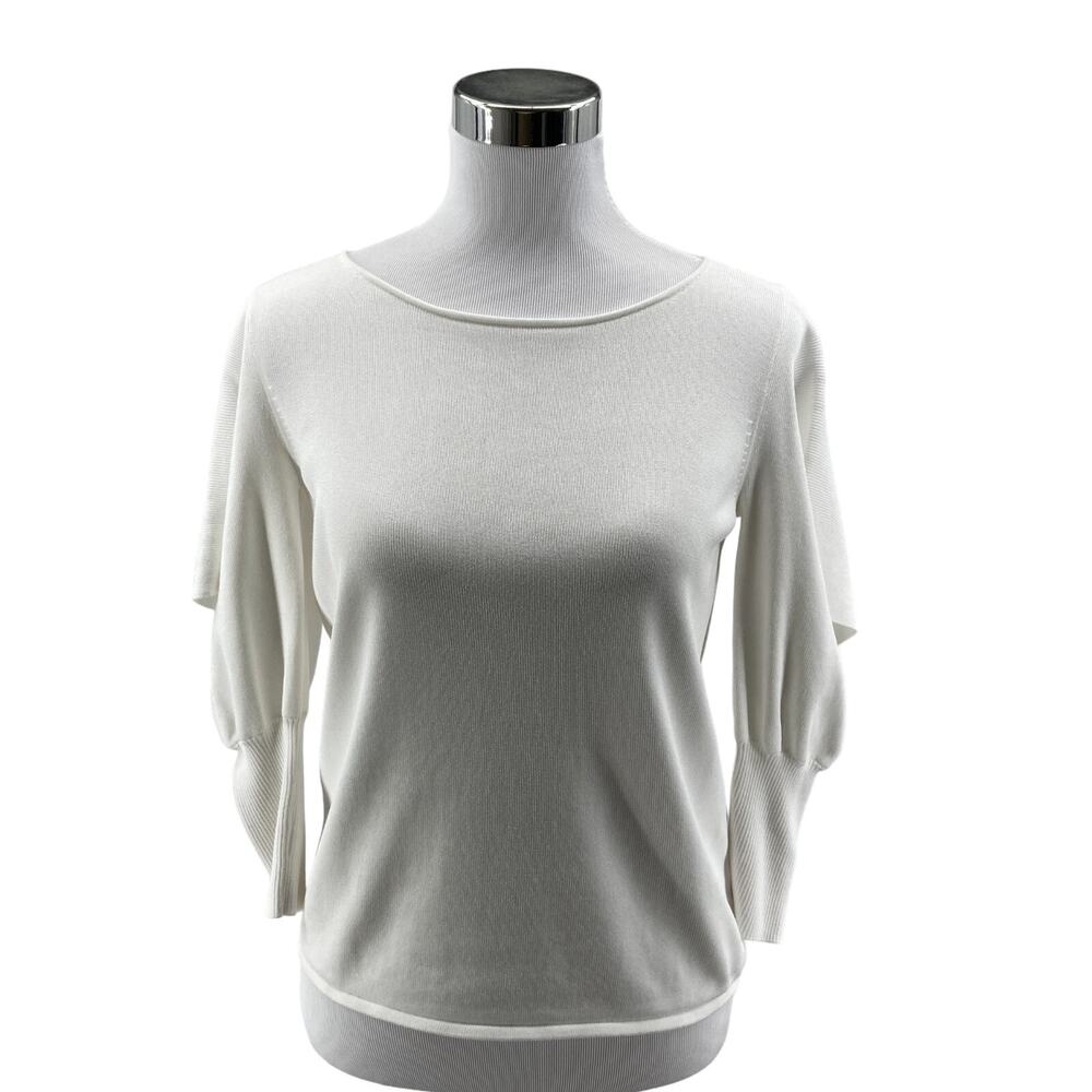Akris Punto Sweater Womens Size 4 White Knit Slit Sleeve Boat Neck Pullover